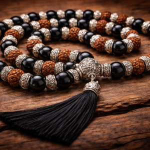 Silver Cap Karungali + Rudraksha Mala