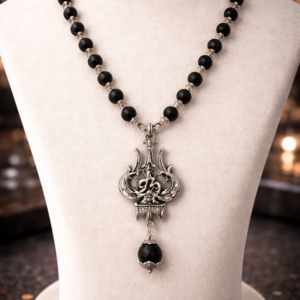 SILVER CAPPING KARUNGALI MALA WITH OM TRISHUL PENDANT