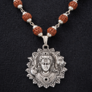 SILVER CAPPING RUDRAKSHA MALA WITH KARTIKEY PENDANT